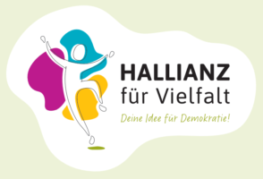 Das Logo der HALLIANZ mit der Aufschrift: "HALLIANZ für Vielfalt. Deine Idee für Demokratie!"