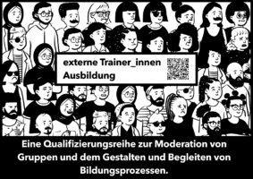 Illustration mehrerer Personen mit der Aufschrift "externe Trainer:innen Ausbildung".