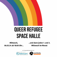 Grafik eines Regenbogens mit dem Text: "Queer Refugee Space Halle, Mittwoch 06.03.2024 ab 18 Uhr und dann jeden 1. und 3. Mittwoch im Monat."