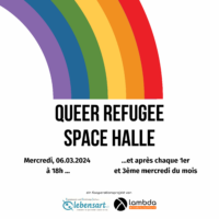 Grafik eines Regenbogens mit dem Text: "Queer Refugee Space Halle, et après chaque 1er et 3ème mercredi du mois."
