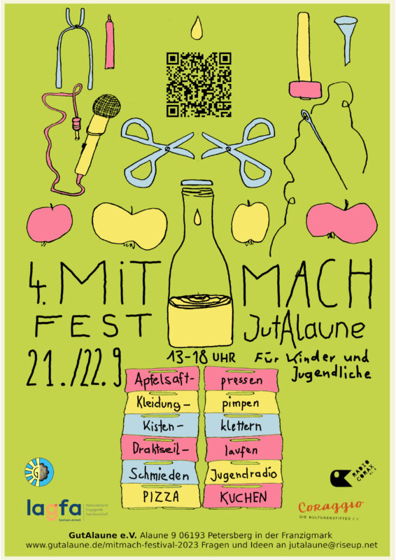 Plakat für das "4. Mitmachfest JutAlaune". 21./22.09. Für Kinder und Jugendliche, beim GutAkaune e.V. in der Franzigmark.